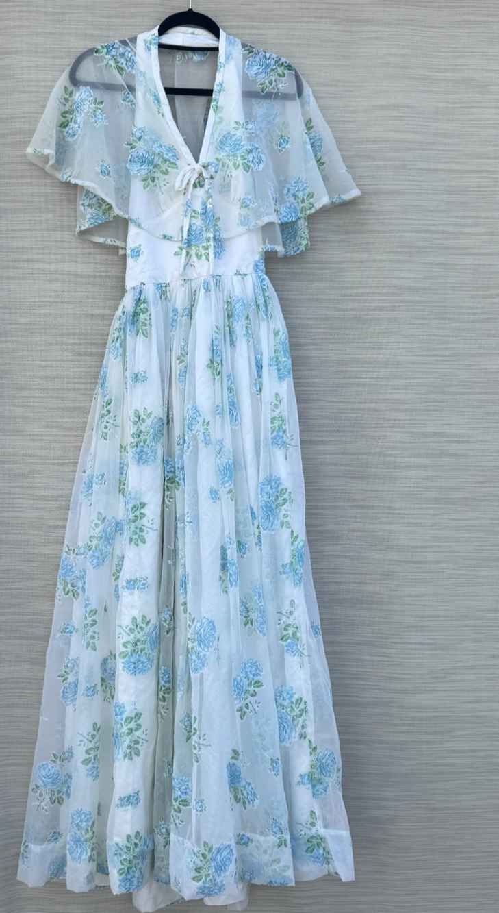 Vintage Floral Halter Maxi Dress with Sheer Cape Romantic Satin Gown Low Back XS - Picture 1 of 10
